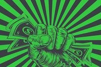 fist holds dollars against green and black background